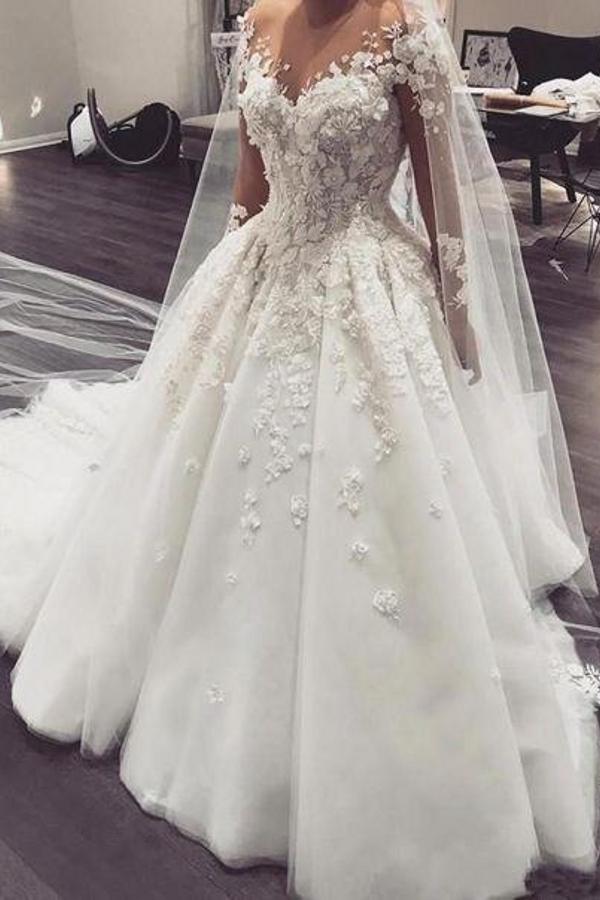 Long Sleeves Overskirt Wedding Dress With 3D Floral Appliques