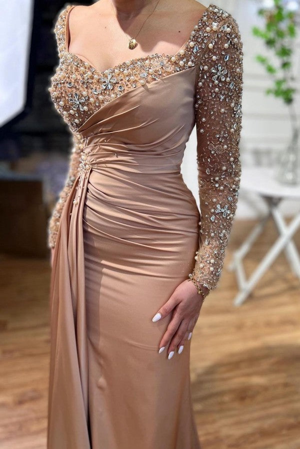 Long Sleeves Pearls Evening Dress Mermaid V-Neck Long