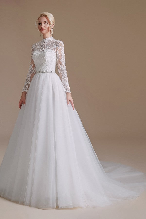 Long Sleeves Princess Lace Wedding Dress Tulle Bridal Gowns