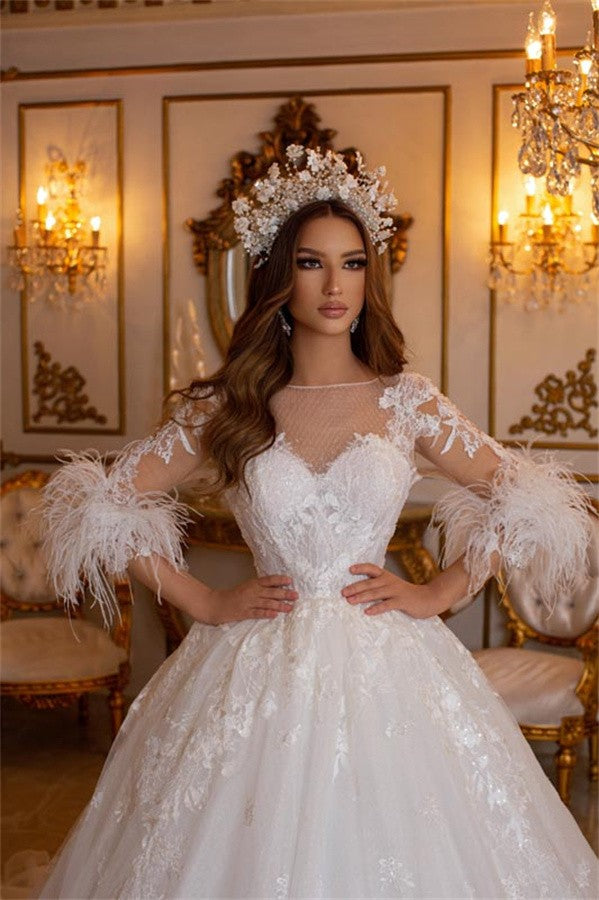 Long Sleeves Princess Wedding Dress Ball Gown With Lace Feather