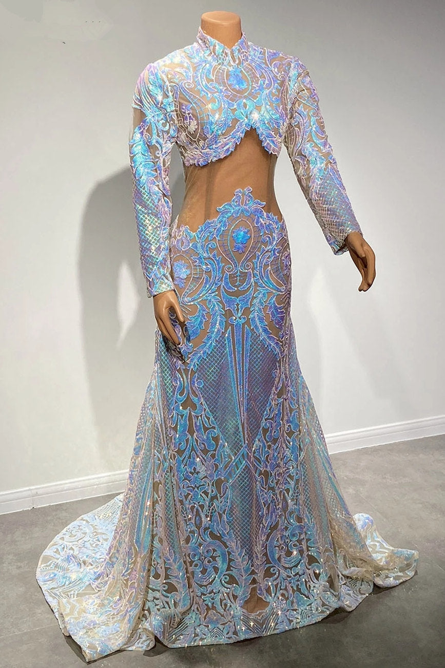 Long Sleeves Prom Dress Mermaid Sequins