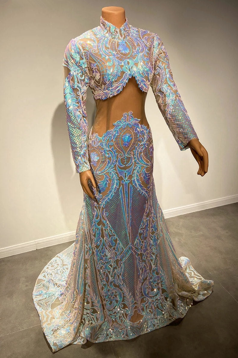 Long Sleeves Prom Dress Mermaid Sequins