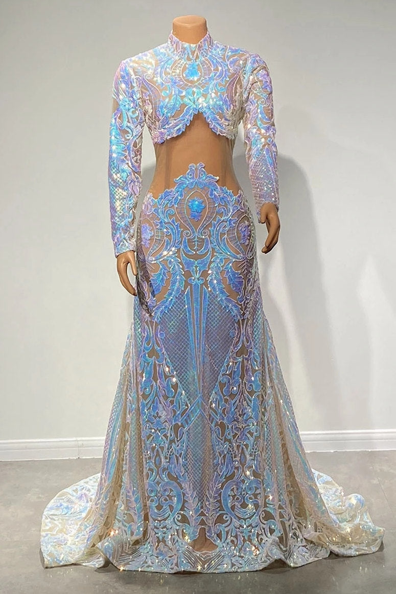 Long Sleeves Prom Dress Mermaid Sequins