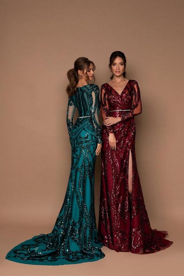 Long Sleeves Prom Dress Mermaid With Sequins V-Neck