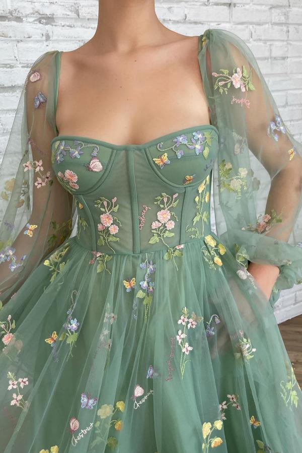 Long Sleeves Sage Green Prom Dress Tulle With Flowers