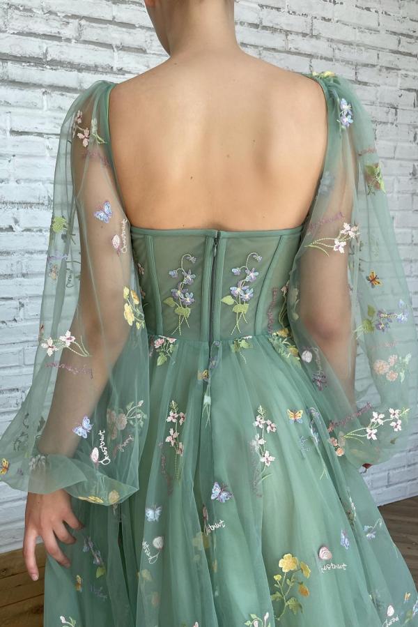 Long Sleeves Sage Green Prom Dress Tulle With Flowers