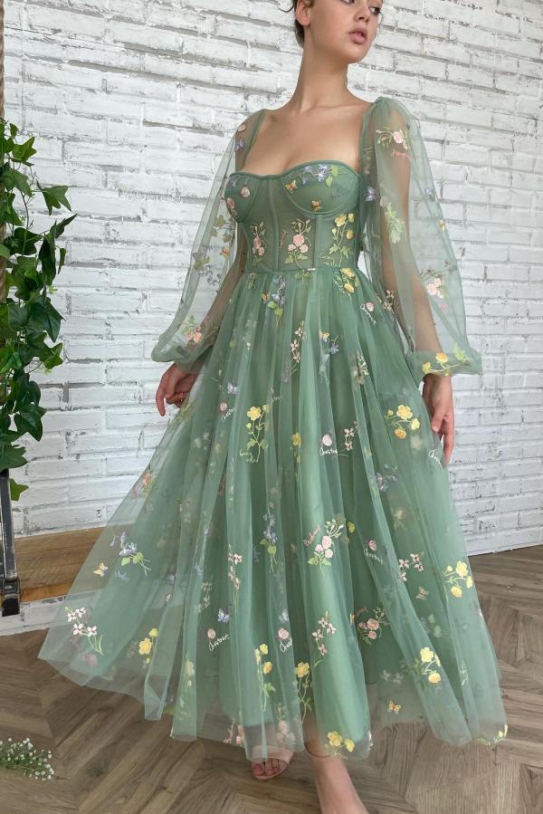 Long Sleeves Sage Green Prom Dress Tulle With Flowers