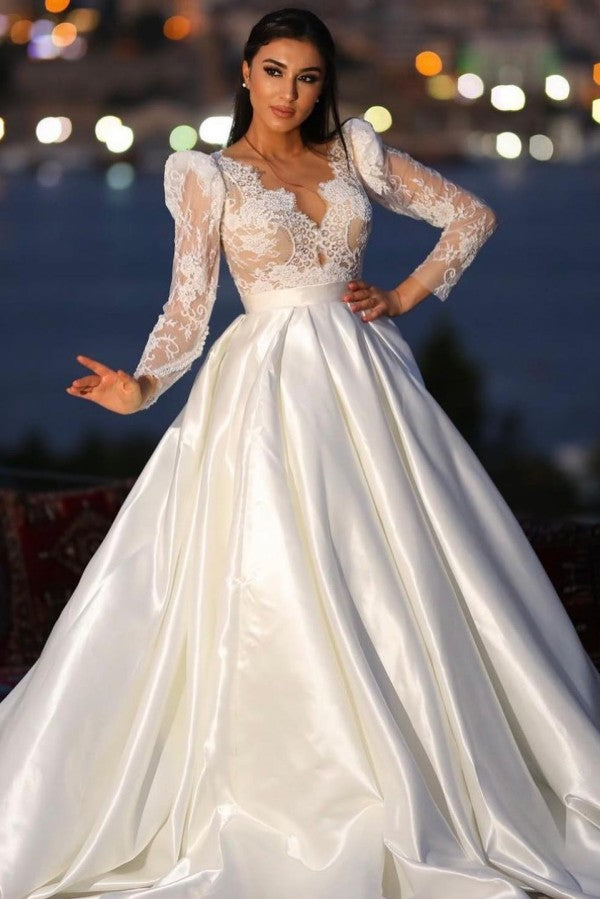 Long Sleeves Satin Wedding Dress Lace V-Neck