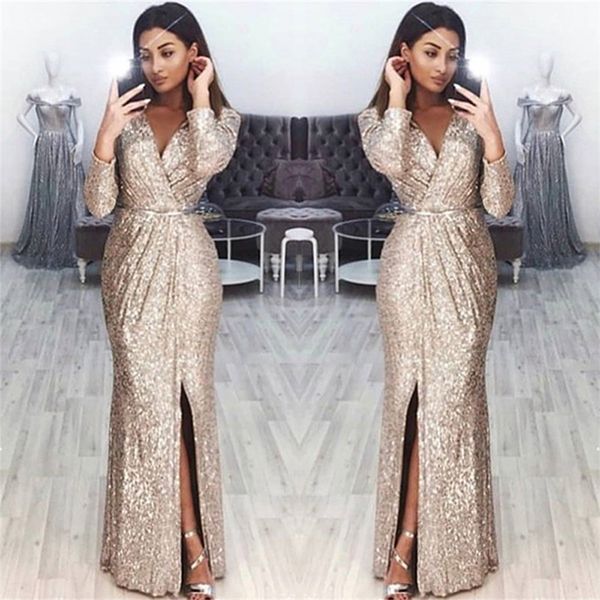 Long Sleeves Sequins Prom Dress Long With Split