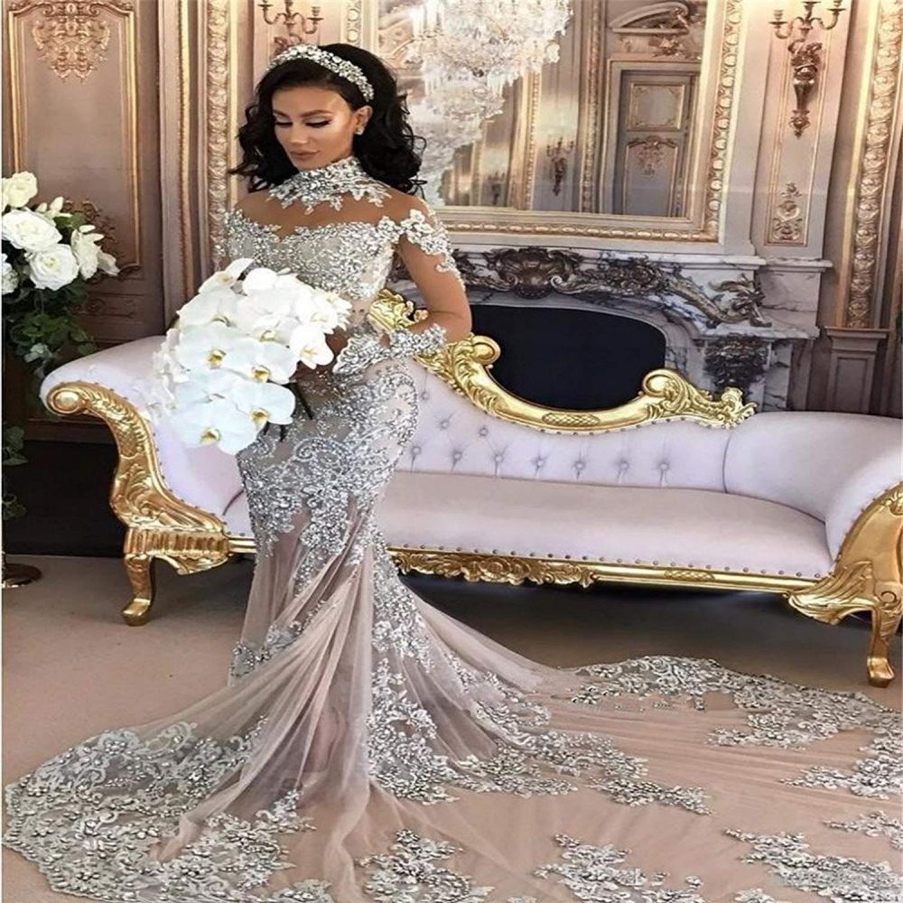 Long Sleeves Silver High Neck Popular Evening Dress Lace Mermaid Luxurious Wedding Dresses