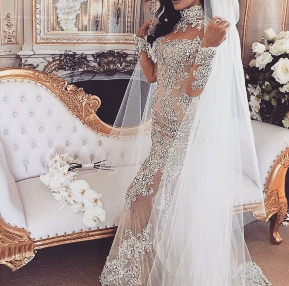 Long Sleeves Silver High Neck Popular Evening Dress Lace Mermaid Luxurious Wedding Dresses