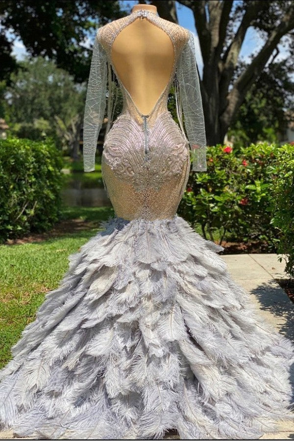 Long Sleeves Silver Prom Dress Mermaid Appliques With Feather