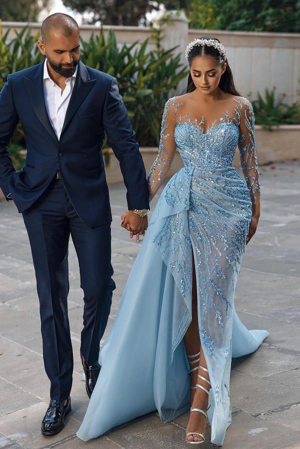 Long Sleeves Sky Blue Prom Dresses Mermaid Tulle With Beadings Slit