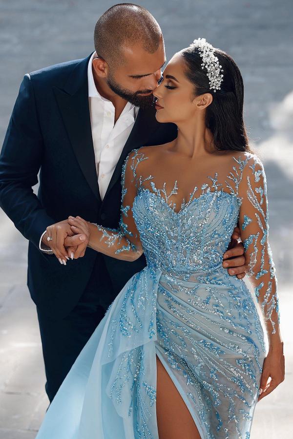 Long Sleeves Sky Blue Prom Dresses Mermaid Tulle With Beadings Slit