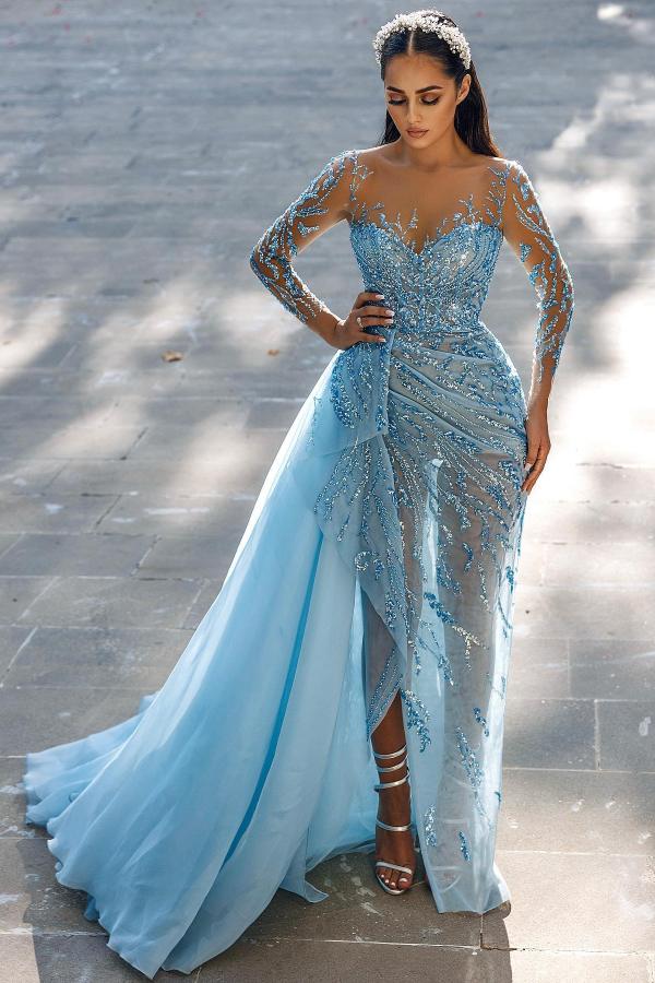 Long Sleeves Sky Blue Prom Dresses Mermaid Tulle With Beadings Slit