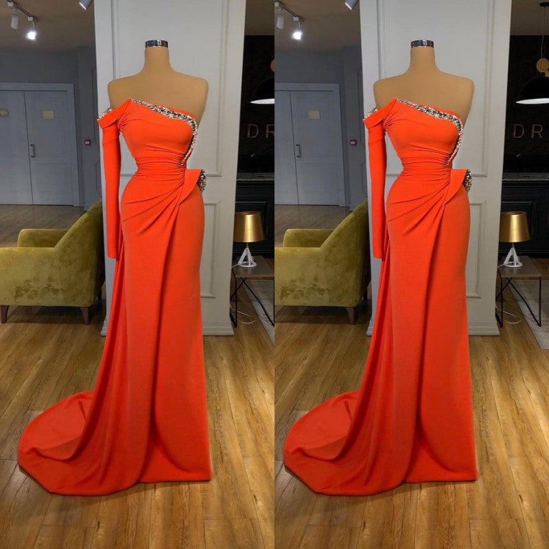 Long sleeves Strapless Orange Sequined Long Prom Dress