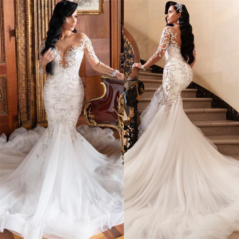 Long Sleeves V neck Mermaid Court train Summer Wedding Dress