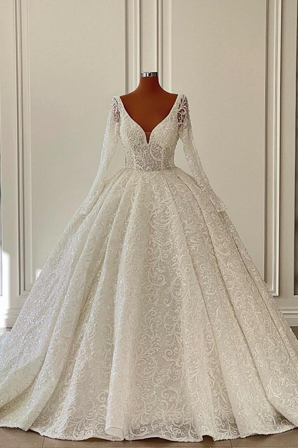 Long Sleeves V-Neck Wedding Dress Ball Gown With Lace