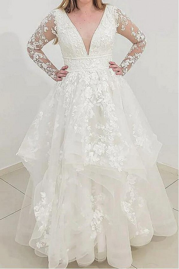 Long Sleeves V-Neck Wedding Dress Ruffles With Lace Appliques