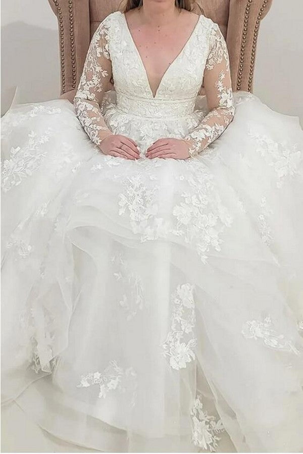 Long Sleeves V-Neck Wedding Dress Ruffles With Lace Appliques