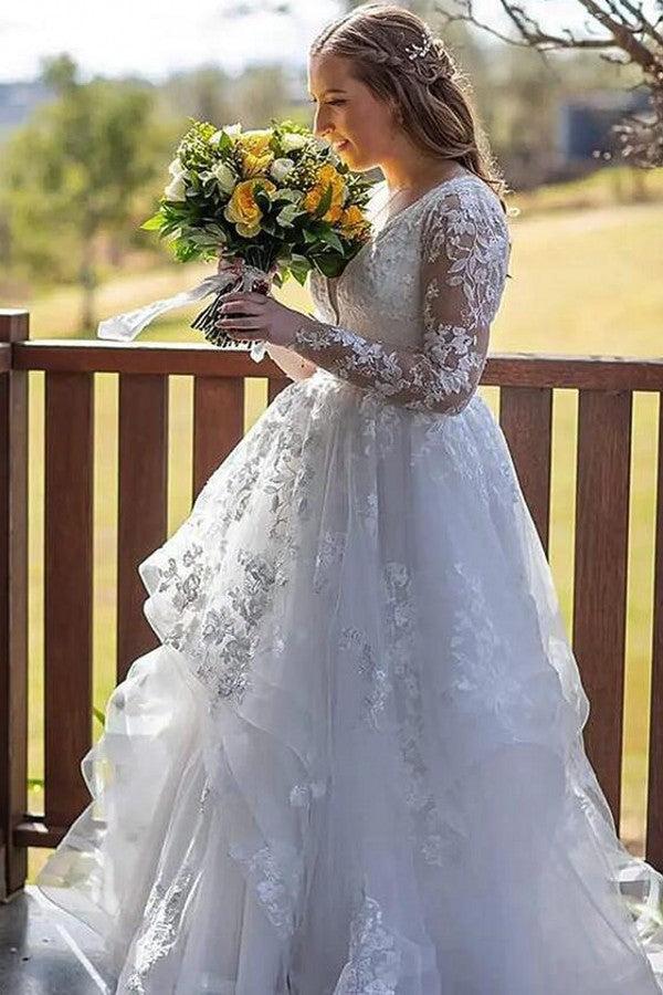 Long Sleeves V-Neck Wedding Dress Ruffles With Lace Appliques