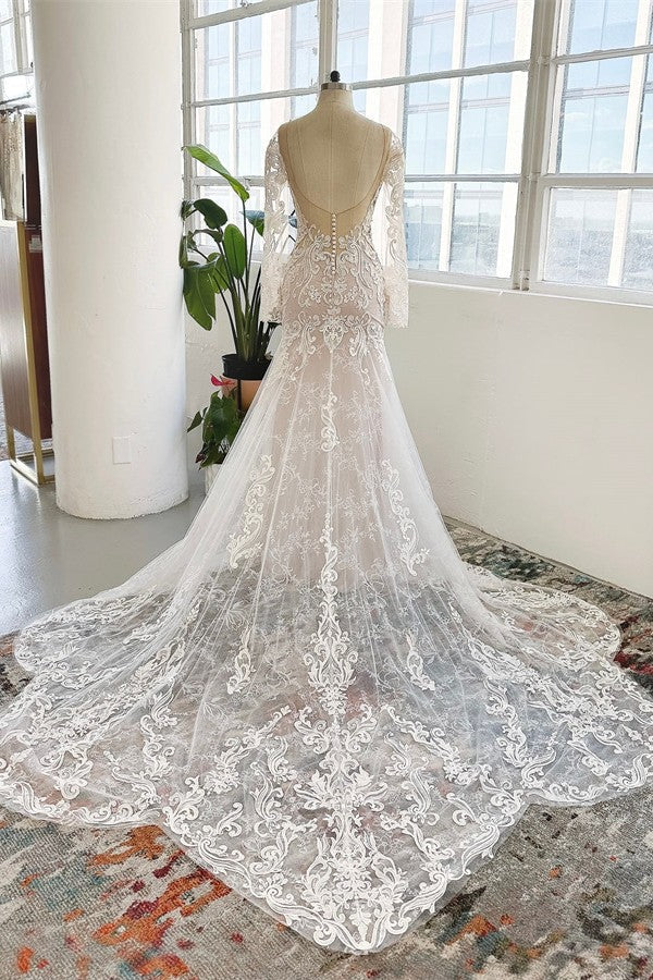 Long Sleeves Wedding Dress Mermaid Tulle Lace Appliques