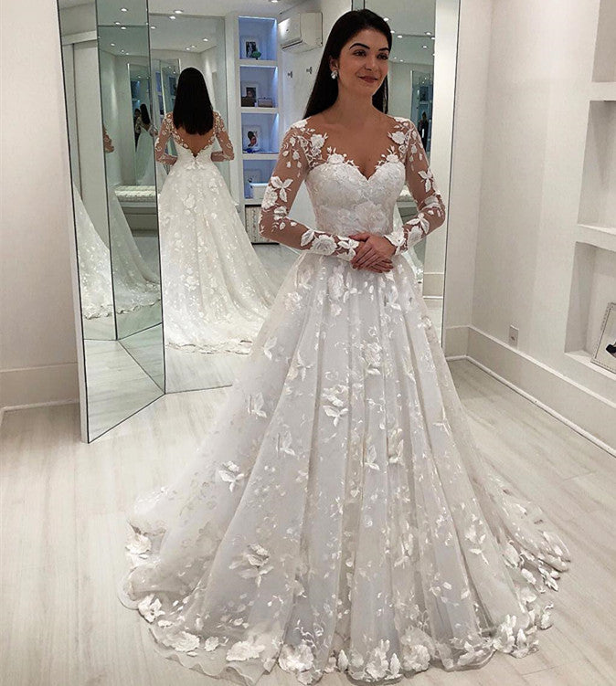 Long Sleeves Wedding Dress With Lace Appliques Princess Bridal Gowns