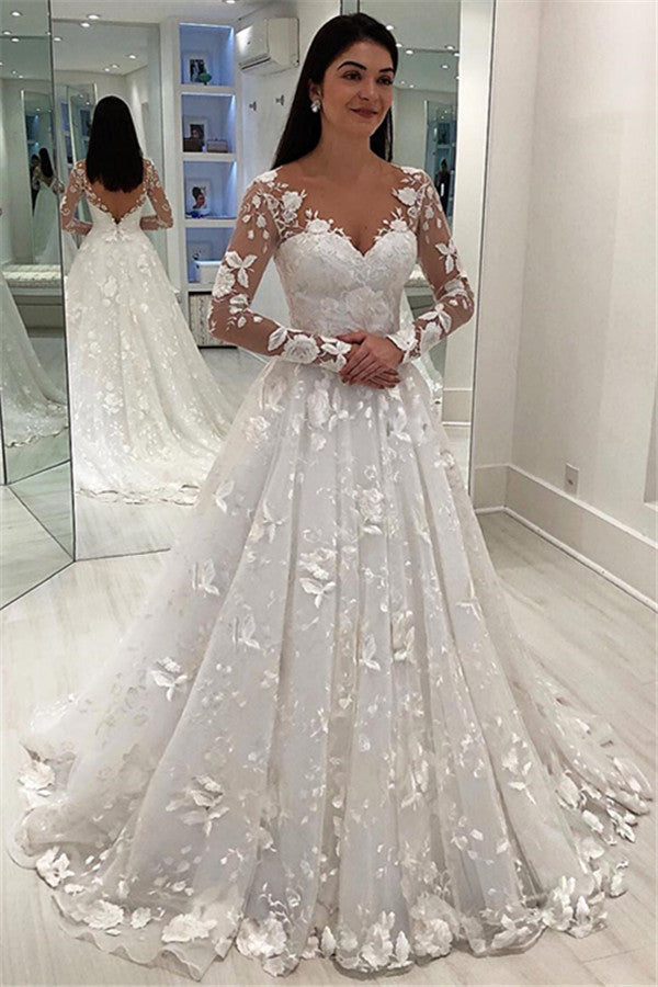 Long Sleeves Wedding Dress With Lace Appliques Princess Bridal Gowns