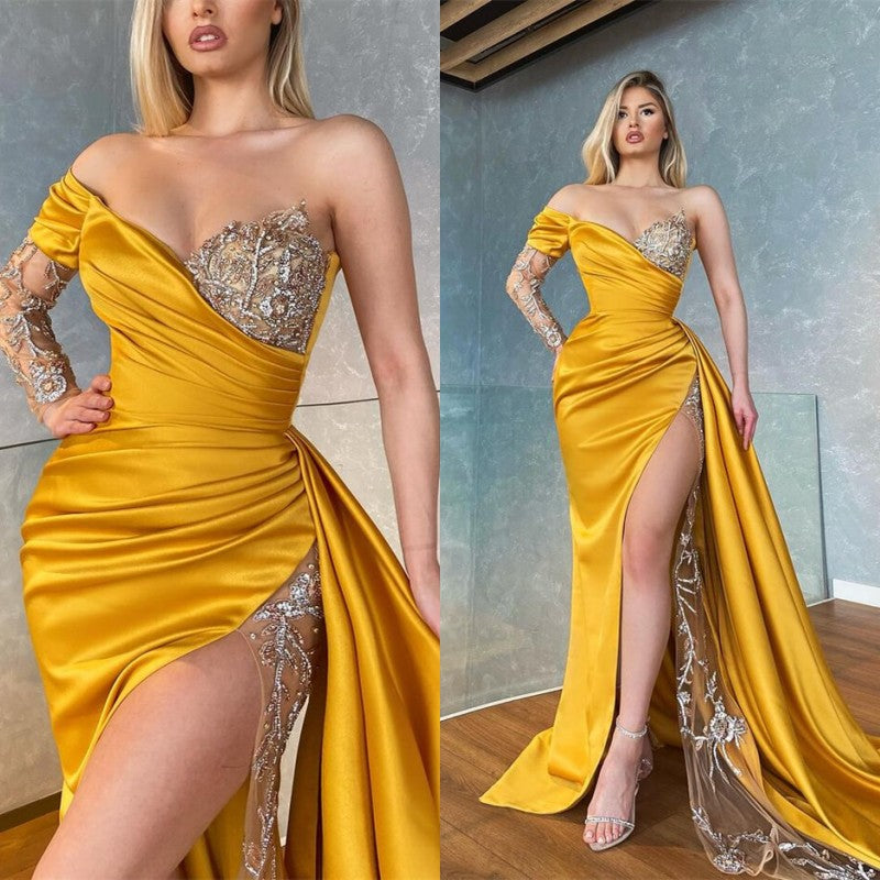 Long Sleeves Yellow Prom Dress Mermaid Split With Sequins Beads