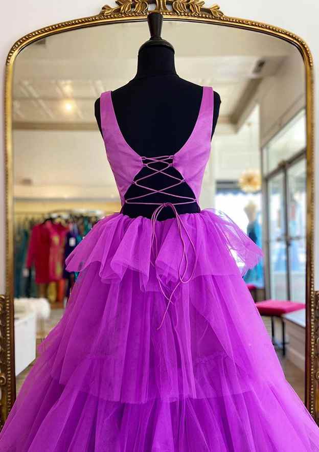 Long/Floor-Length A-Line Scoop Neck Tulle Prom Dress/Evening Dress With Ruffles