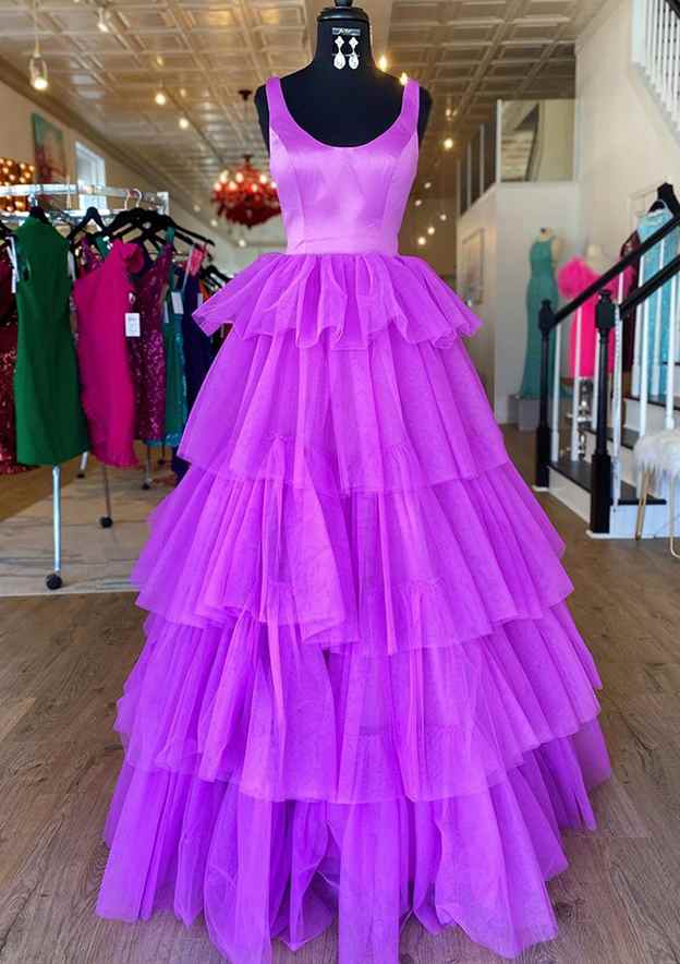 Long/Floor-Length A-Line Scoop Neck Tulle Prom Dress/Evening Dress With Ruffles