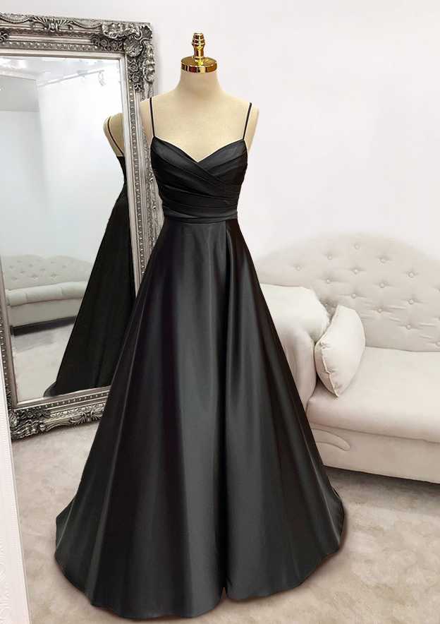 Long/Floor-Length A-Line V-Neck Satin Prom Dress/Evening Dress with Pleated Train