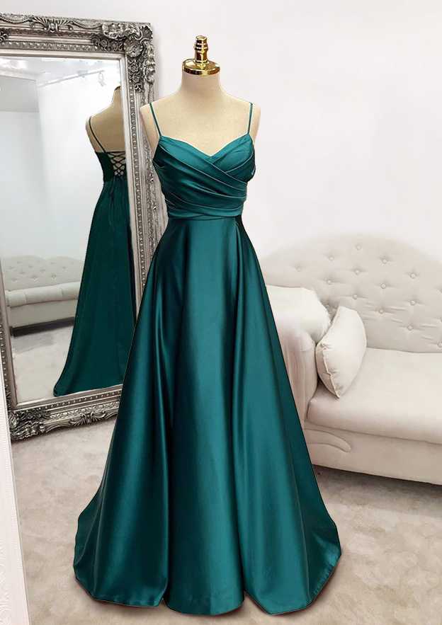 Long/Floor-Length A-Line V-Neck Satin Prom Dress/Evening Dress with Pleated Train