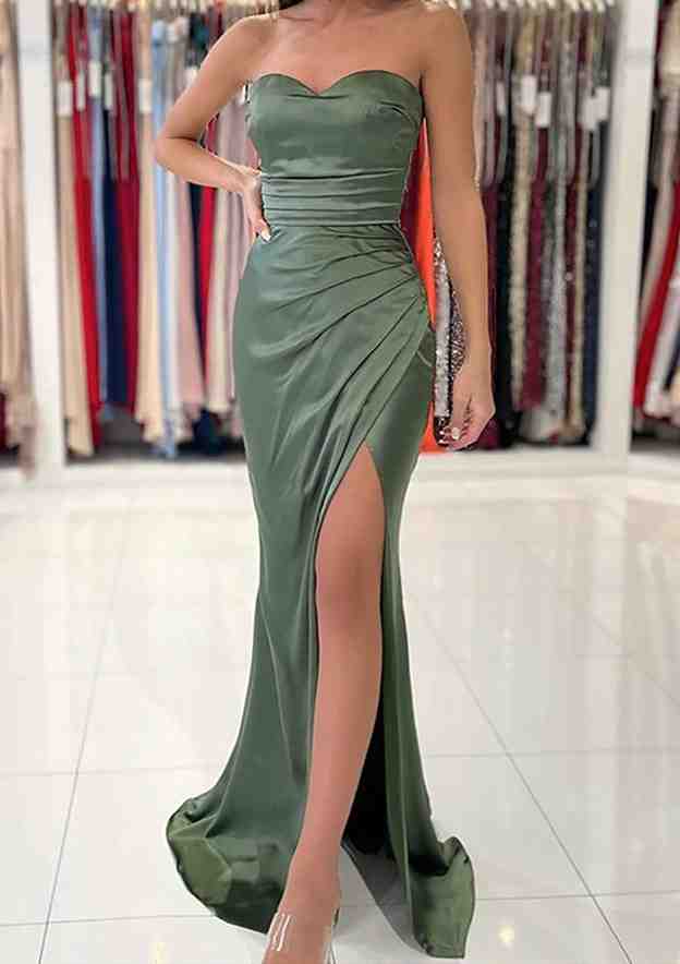 Long/Floor-Length Sheath/Column Sweetheart Charmeuse Prom Dress/Evening Dress With Pleated Split