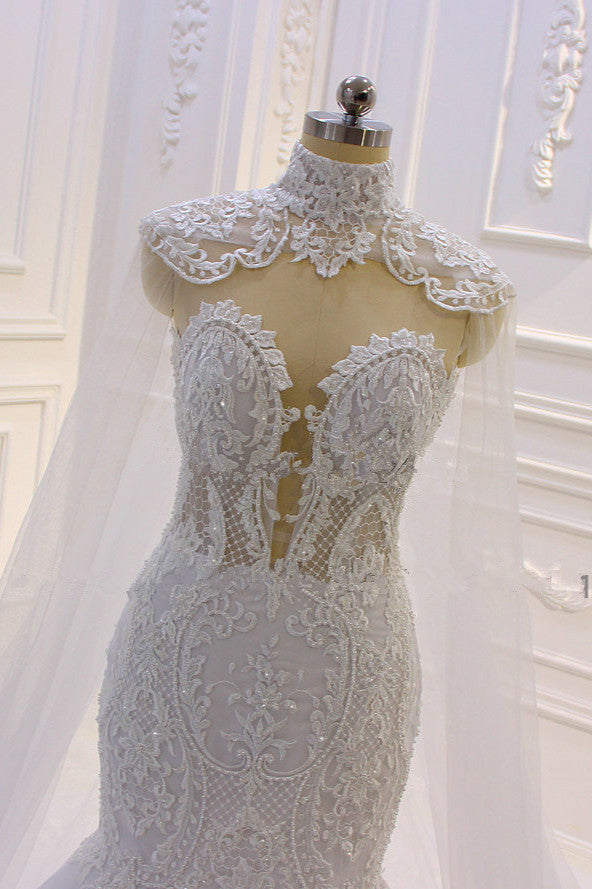 Luxurious 3D Lace Applique High Neck Tulle Mermaid Wedding Dress