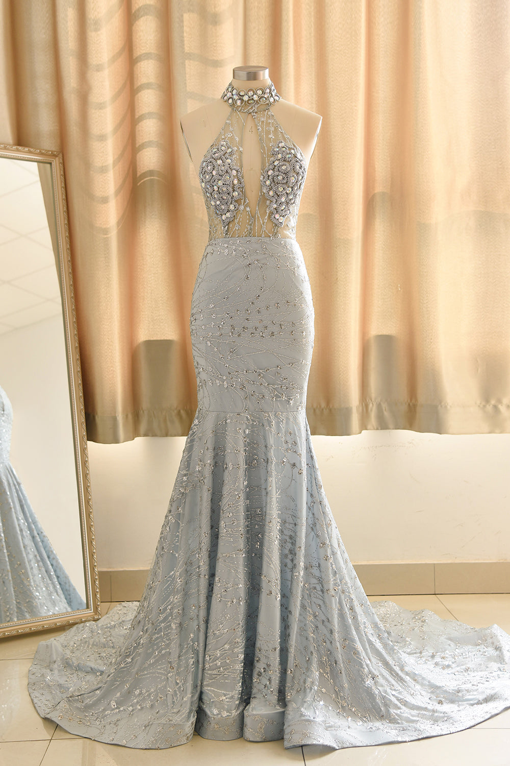 Luxurious Halter Rhinestones Prom Dress Mermaid Long