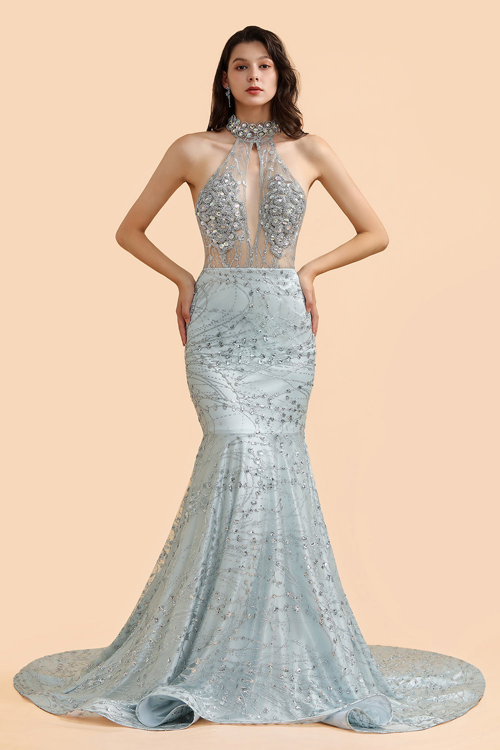 Luxurious Halter Rhinestones Prom Dress Mermaid Long