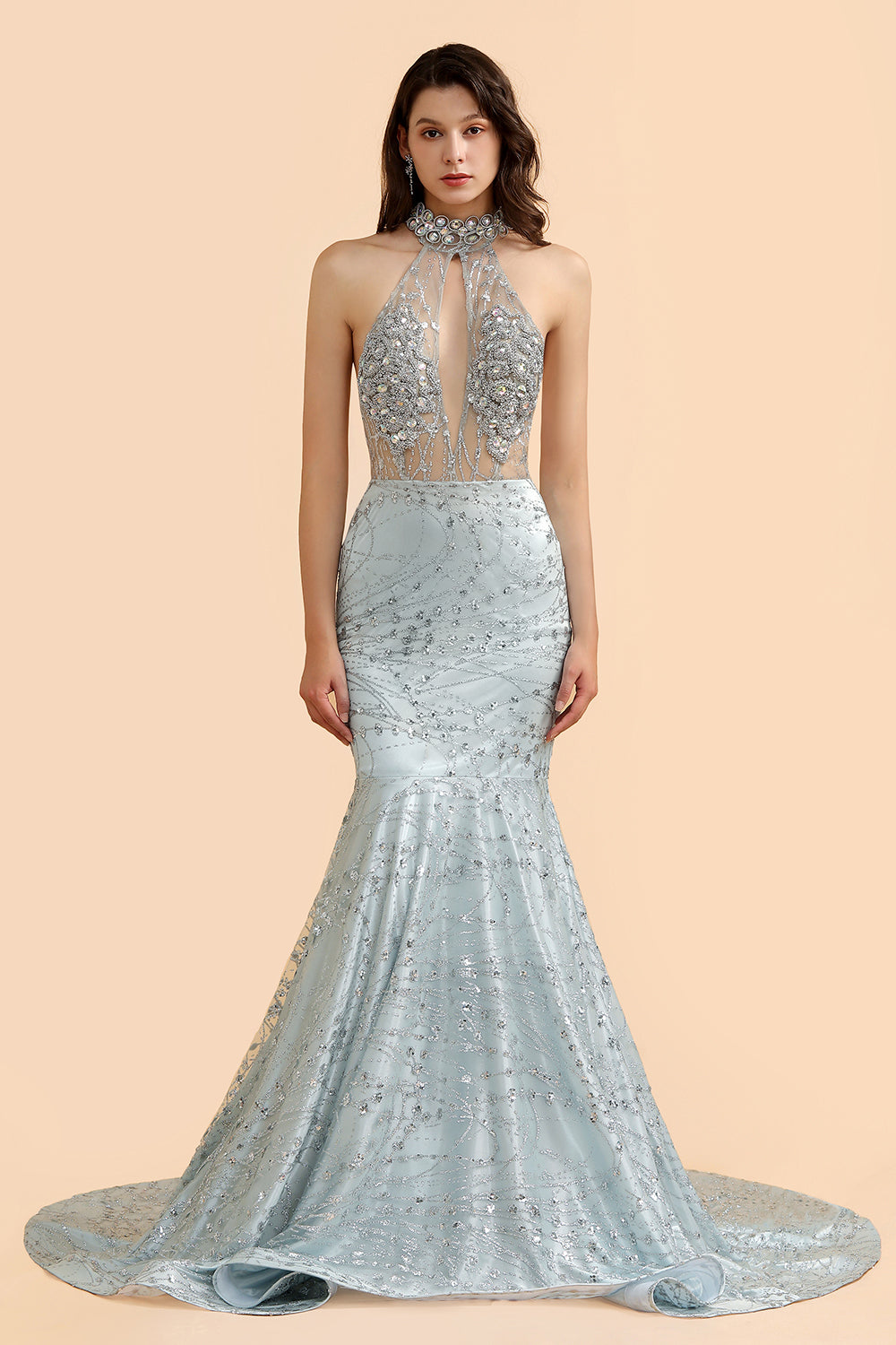 Luxurious Halter Rhinestones Prom Dress Mermaid Long