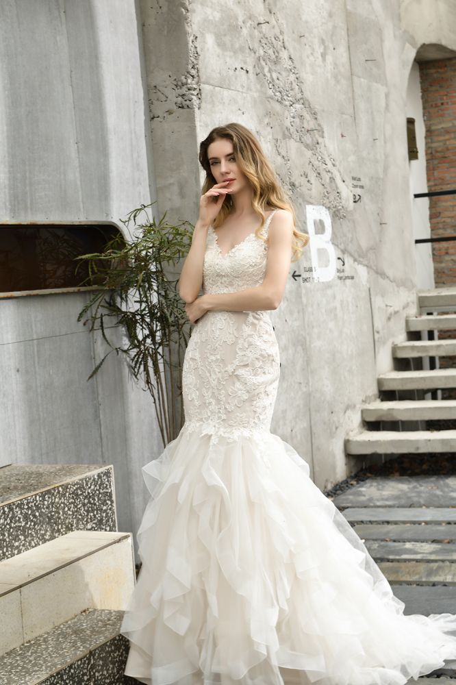 Luxurious Mermaid Ivory V neck Spring Lace Wedding Dress with Ruffless Train