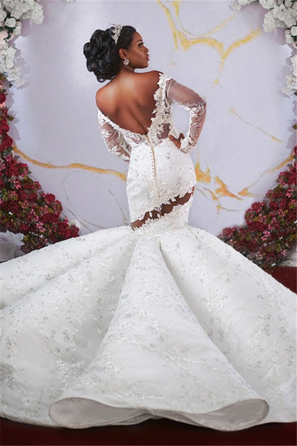 Luxurious Off the shoulder Long Sleevess Mermaid Ruffless Appliqued Beading Wedding Dresses