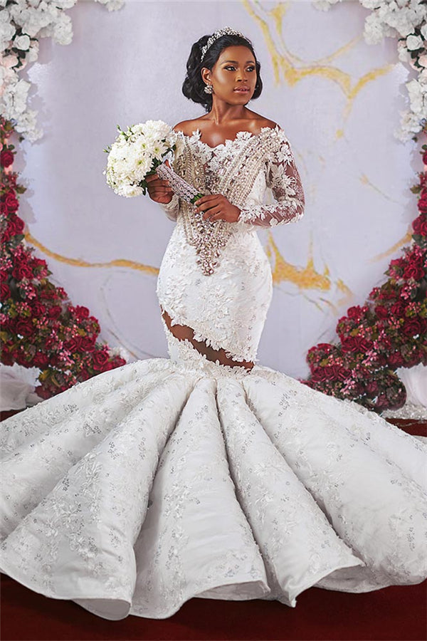 Luxurious Off the shoulder Long Sleevess Mermaid Ruffless Appliqued Beading Wedding Dresses