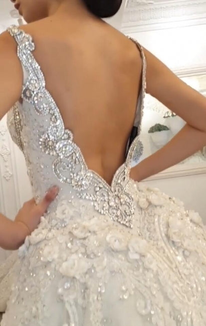 Luxurious V Neck Crystals Mermaid Bridal Gown Long Sweep Train