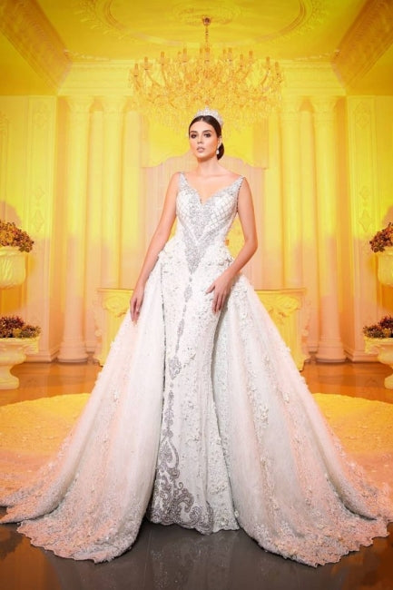 Luxurious V Neck Crystals Mermaid Bridal Gown Long Sweep Train