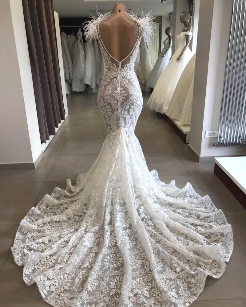 Luxurious White Hollow Sweetheart Open Back Lace Long Wedding Dress with Fur Neckline