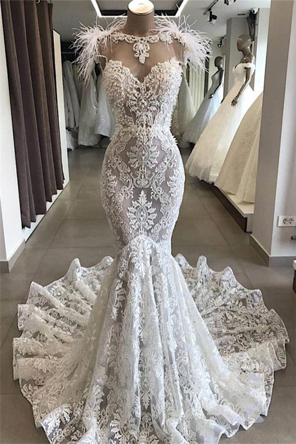 Luxurious White Hollow Sweetheart Open Back Lace Long Wedding Dress with Fur Neckline