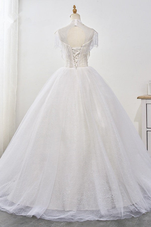 Luxury Ball Gown High-Neck Tulle Wedding Dress Sparkly Sequins Sleeveless Appliques Bridal Gowns with Tassels