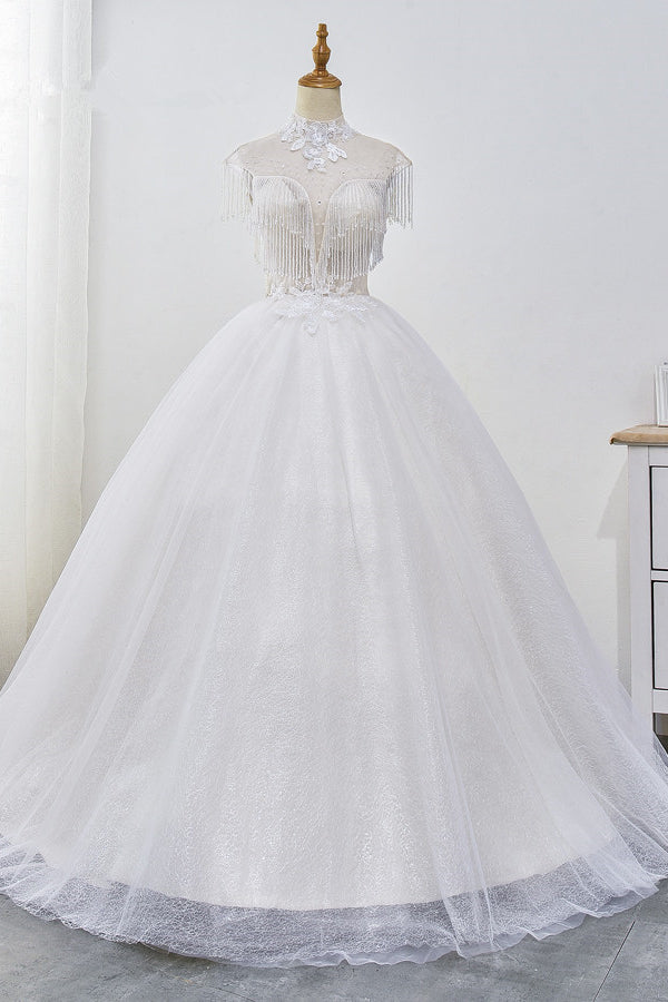 Luxury Ball Gown High-Neck Tulle Wedding Dress Sparkly Sequins Sleeveless Appliques Bridal Gowns with Tassels