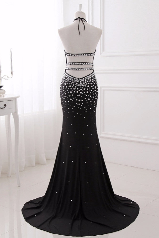 Luxury Chiffon Halter Sleeveless Beadings Prom Dresses with Front Slit