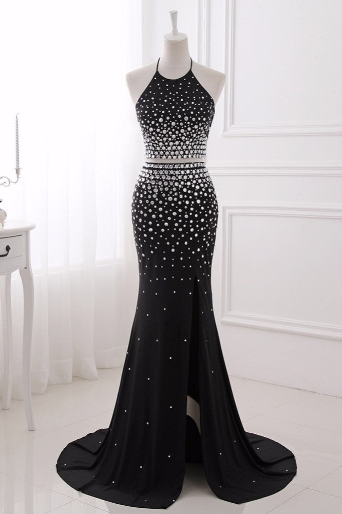 Luxury Chiffon Halter Sleeveless Beadings Prom Dresses with Front Slit