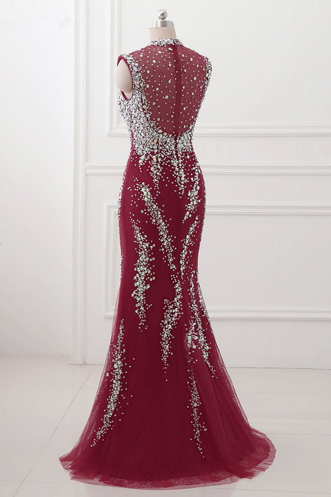 Luxury High-Neck Burgundy Mermaid Prom Dresses Sleeveless with White Rhinestones